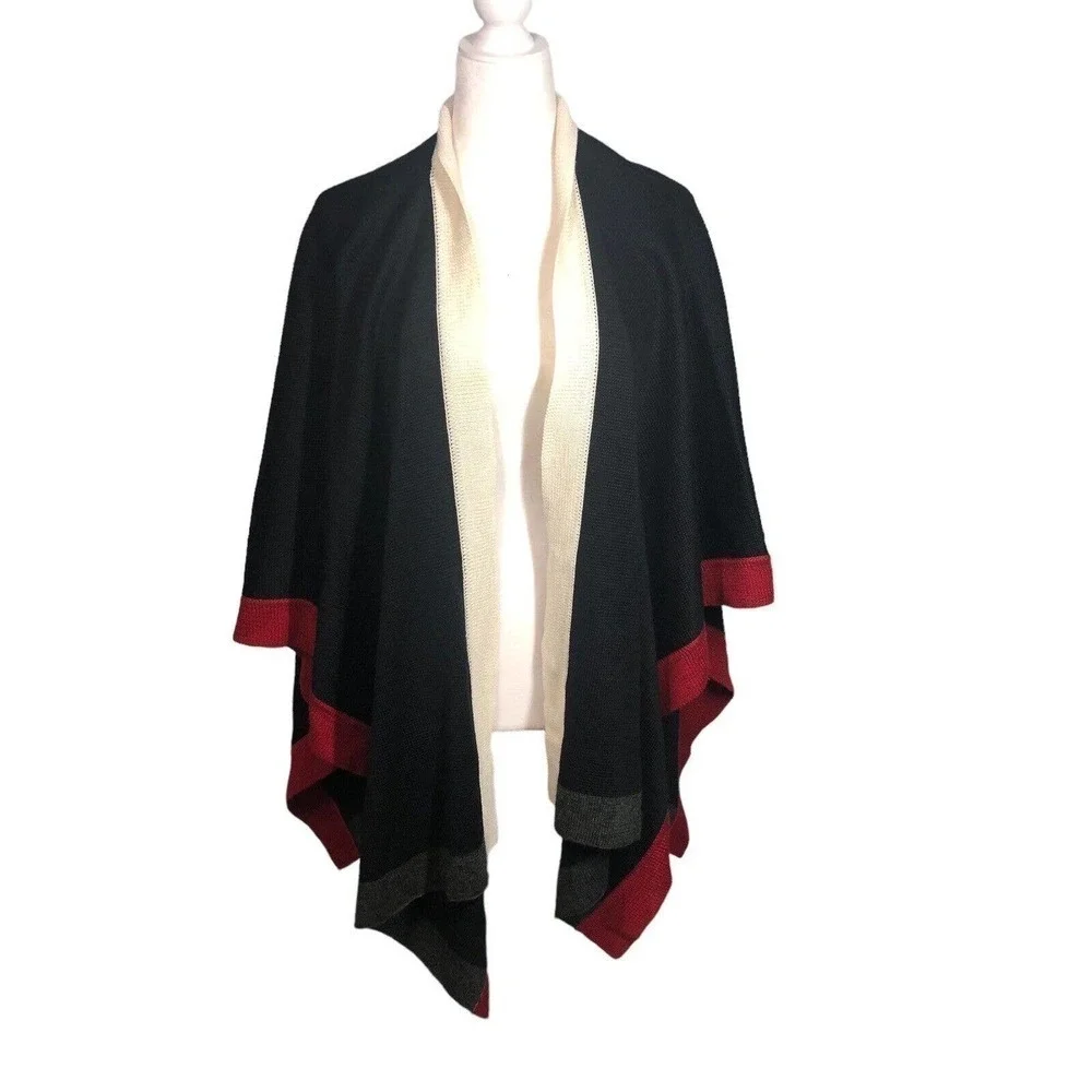 Coldwater Creek Poncho‎ Womens One Size Ruana Wrap Black Red Colorblock Wool New